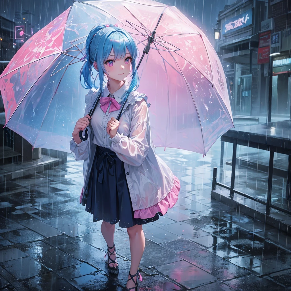 sky Blue hair, (braided ponytail),(pink eyes),fair skin ,(full body),(1 girl),smile,Straight Bangs,rainy season,rainy,(masterpiece, best quality, ultra-detailed, best shadow), (detailed background), (beautiful detailed face), high contrast, (best illumination, an extremely delicate and beautiful), ((cinematic light)), colorful, hyper detail, dramatic light, intricate details,Walking in the rain with an umbrella,noon,colorful umbrella,