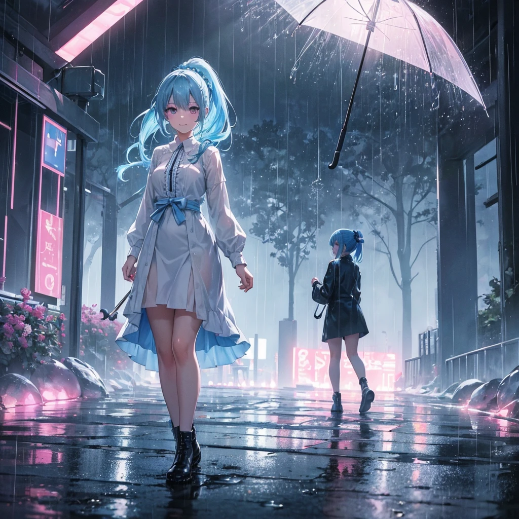 sky Blue hair, (braided ponytail),(pink eyes),fair skin ,(full body),(1 girl),smile,Straight Bangs,rainy season,rainy,(masterpiece, best quality, ultra-detailed, best shadow), (detailed background), (beautiful detailed face), high contrast, (best illumination, an extremely delicate and beautiful), ((cinematic light)), colorful, hyper detail, dramatic light, intricate details,Walking in the rain with an umbrella,noon,colorful umbrella,