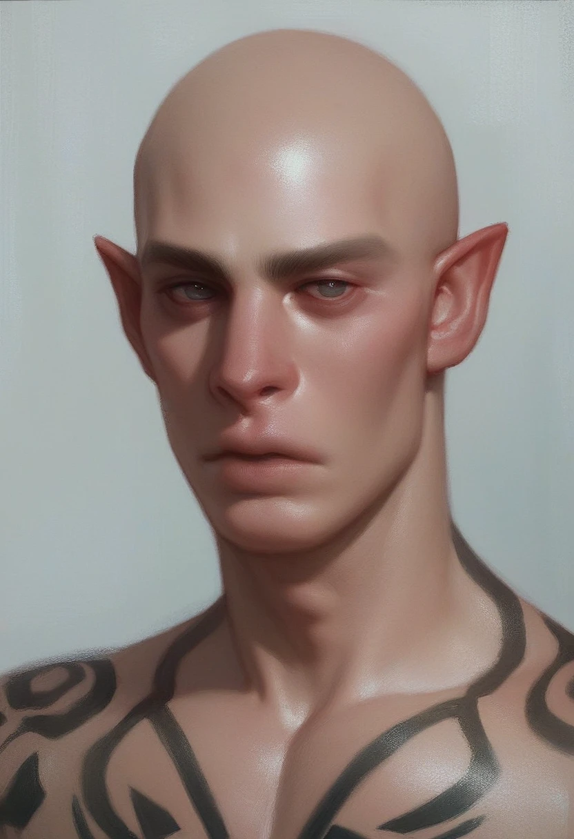 score_9, score_8_up, score_7_up, Portrait of a young male albino elf, with bald head and black tattoos and eye, oil painting, close to face, portrait