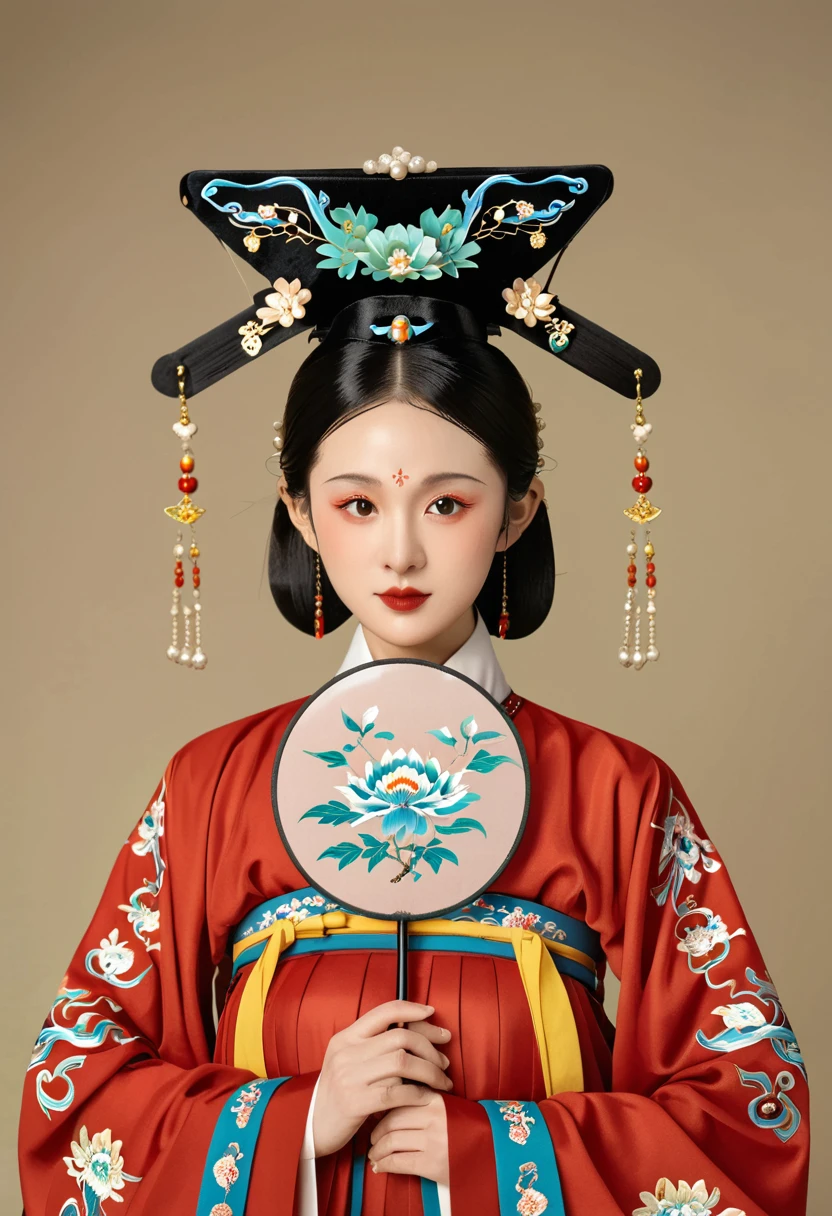 Chinese classical girl portrait，symmetry，Round Face，Bright Eyes，Smooth skin，Chinese Song Dynasty official uniform,egotistical,Official hat，Holding a round fan，Clean background