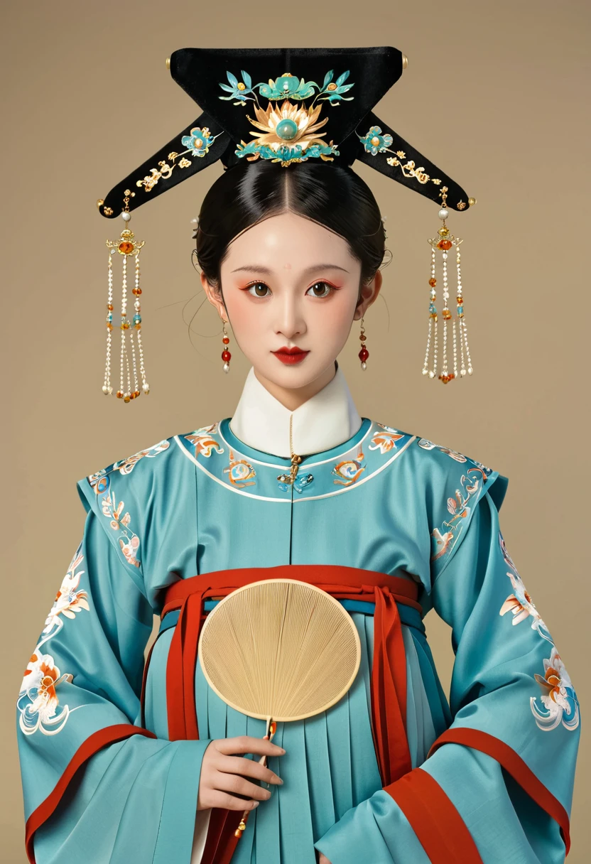 Chinese classical girl portrait，symmetry，Round Face，Bright Eyes，Smooth skin，Chinese Song Dynasty official uniform,egotistical,Official hat，Holding a round fan，Clean background