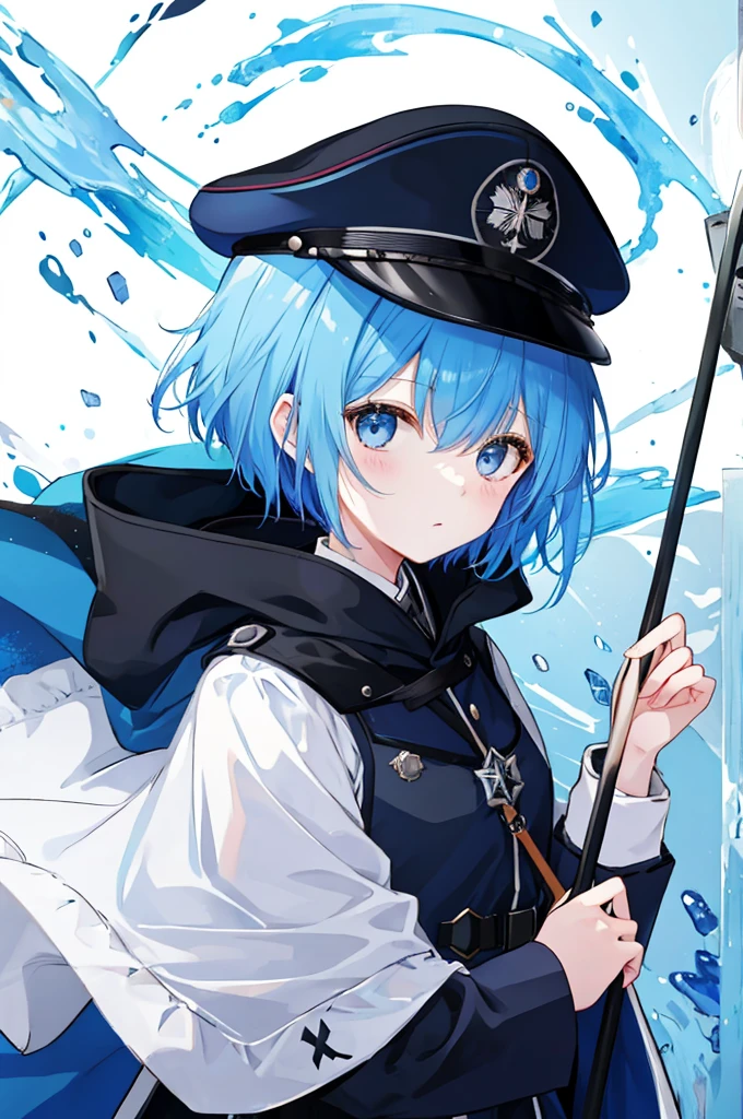 Girl、Blue hair short、Black cloak、German Officer Uniform