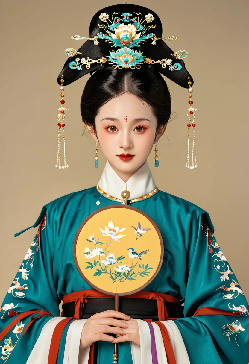 Chinese classical girl portrait,symmetry,Round Face,Bright Eyes,Smooth skin,Chinese Song Dynasty official uniform,egotistical,Official hat,Holding a round fan,Clean background