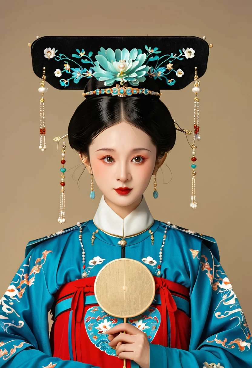 Chinese classical girl portrait，symmetry，Round Face，Bright Eyes，Smooth skin，Chinese Song Dynasty official uniform,egotistical,Official hat，Holding a round fan，Clean background