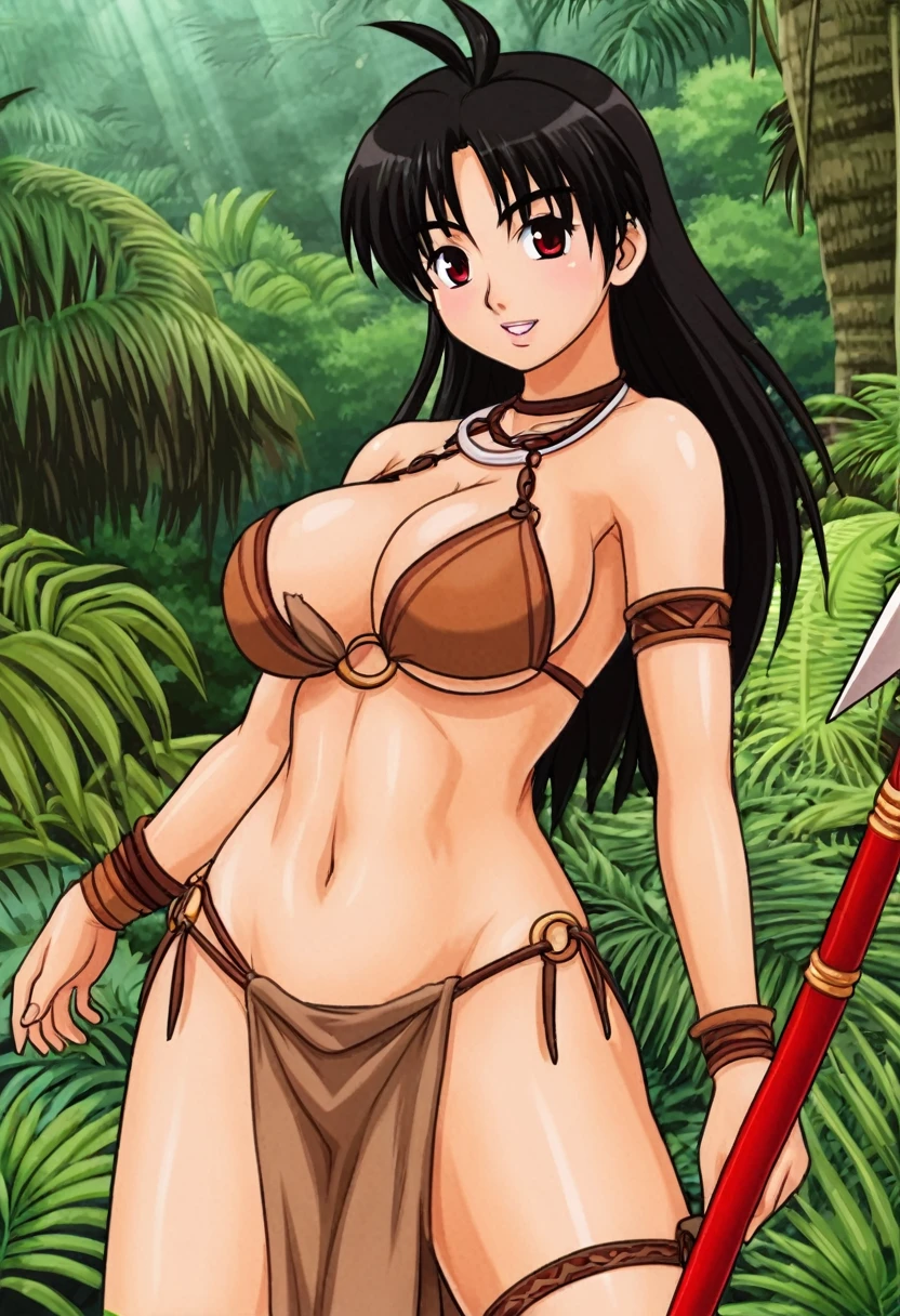 Anime girl, 21 years old, curvy body shapes, an amazon, jungle background, Sub, spear, Hair red, loincloth, sexy shaman clothes, respectful look, 