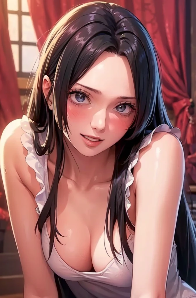 (((masterpiece))), (((best quality))), ((ultra-detailed)), (highly detailed CG illustration), Boa Hancock, , (masterpiece:1.5), Detailed Photo, Smiling, Sexy, (Best Quality: 1.4), (1girl), Beautiful Face, (Black Hair, long Hair: 1.3), Beautiful Hairstyle, beautiful detail eyes, (realistic skin), beautiful skin, absurd, attractive, ultra high resolution, high definition, (sexually aroused:1.5), Pinkish white skin, cool white light, sexy pose, Beautiful , white background, pink soft white light, Wear a white dress