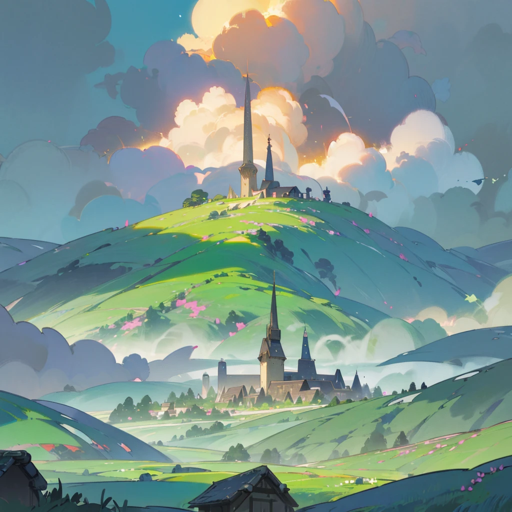 ((best quality)), ((masterpiece)), (detailed), Bright colors,Octopath Traveler style,Fantasy World,Beautiful view,forest,Sunlight,Tyndall phenomenon,grassland,flower,Small animals,beam,high-definition,Final Fantasy,Lots of details,Ultra-detailed,Dreamy light and shadow,Colorful dreamy clouds,tower,RAW,Ultra-detailed portrayal