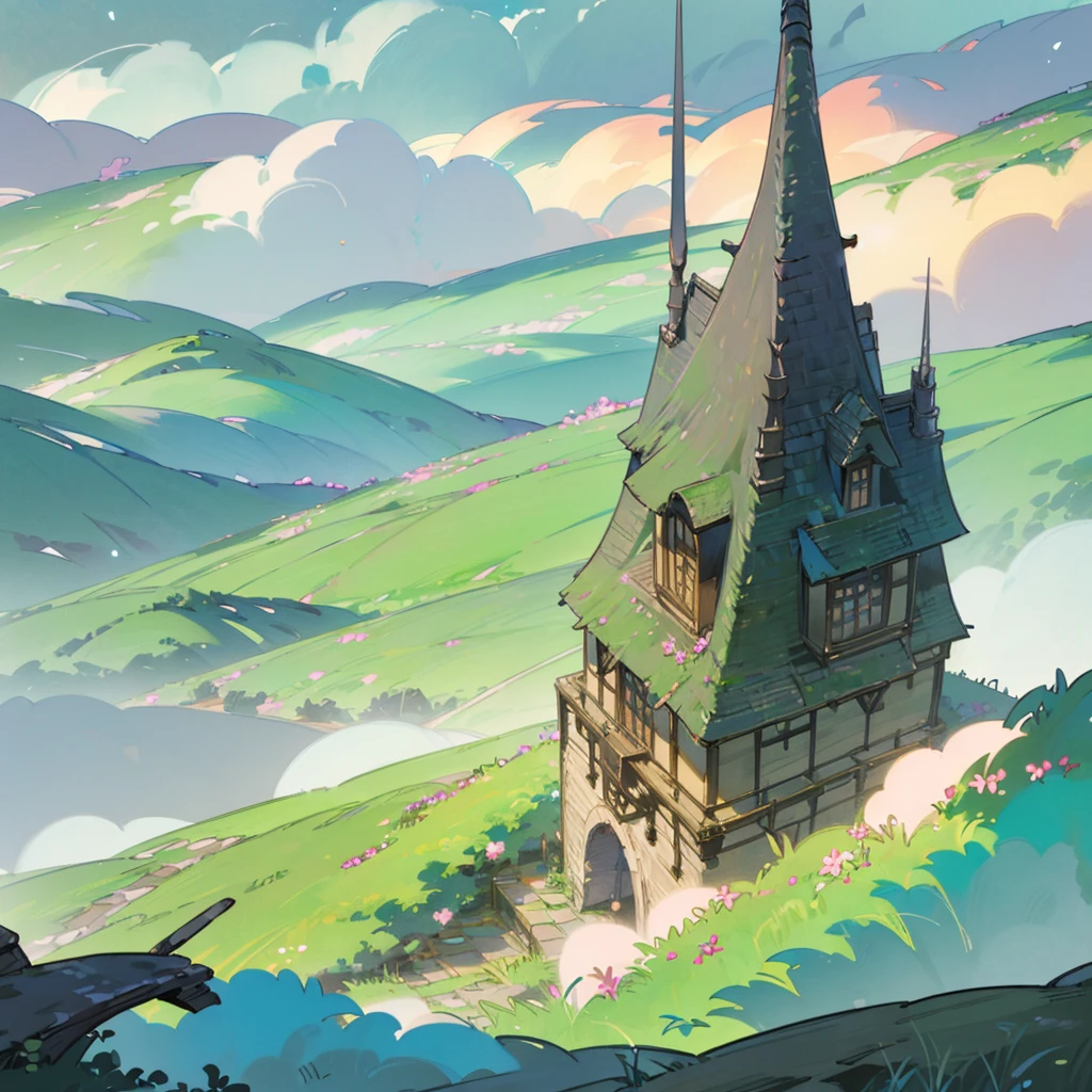 ((best quality)), ((masterpiece)), (detailed), Bright colors,Octopath Traveler style,Fantasy World,Beautiful view,forest,Sunlight,Tyndall phenomenon,grassland,flower,Small animals,beam,high-definition,Final Fantasy,Lots of details,Ultra-detailed,Dreamy light and shadow,Colorful dreamy clouds,tower,RAW,Ultra-detailed portrayal