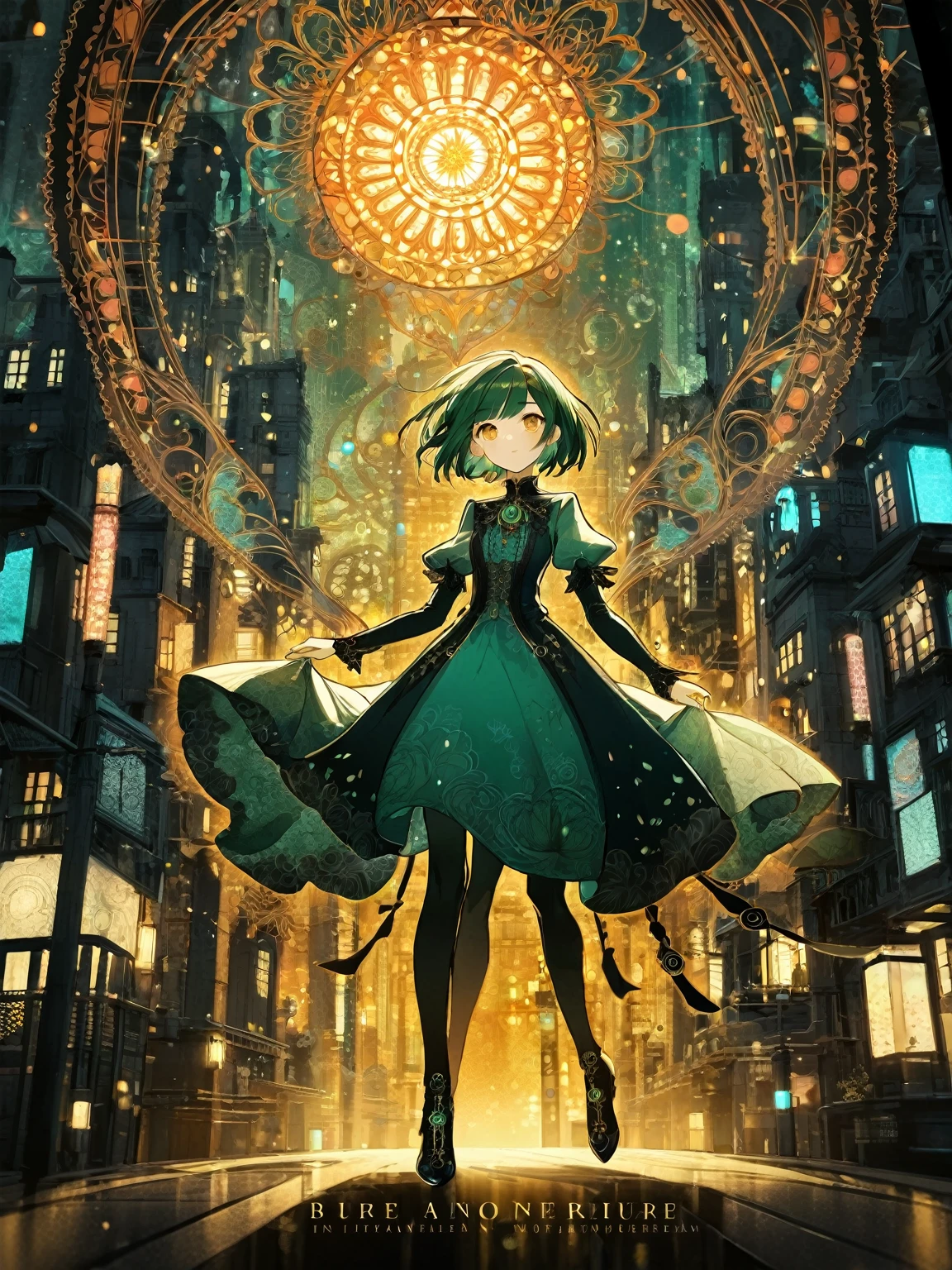 Super detailed, nice, Short jade-colored hair, Golden Eyes, Dress in fantasy style, Blushing, Confident look and pose, Urban Background, Highly stylized, Depth of written boundary, Bokeh effect, Backlight, stylish, elegant, Breathtaking visual richness, Full Body Shot, masterpiece, Art Nouveau influence, Fantastic beauty inspired by Yoshitaka Amano, Intricate floral pattern in the style of Alphonse Mucha, Cyberpunk Neon Cityscape, Delicate lace and silk texture, Whimsical yet dark atmosphere, Surreal Tim Burton-esque architecture, Shining Accents, Otherworldly aura, Provocative yet mysterious attitude
