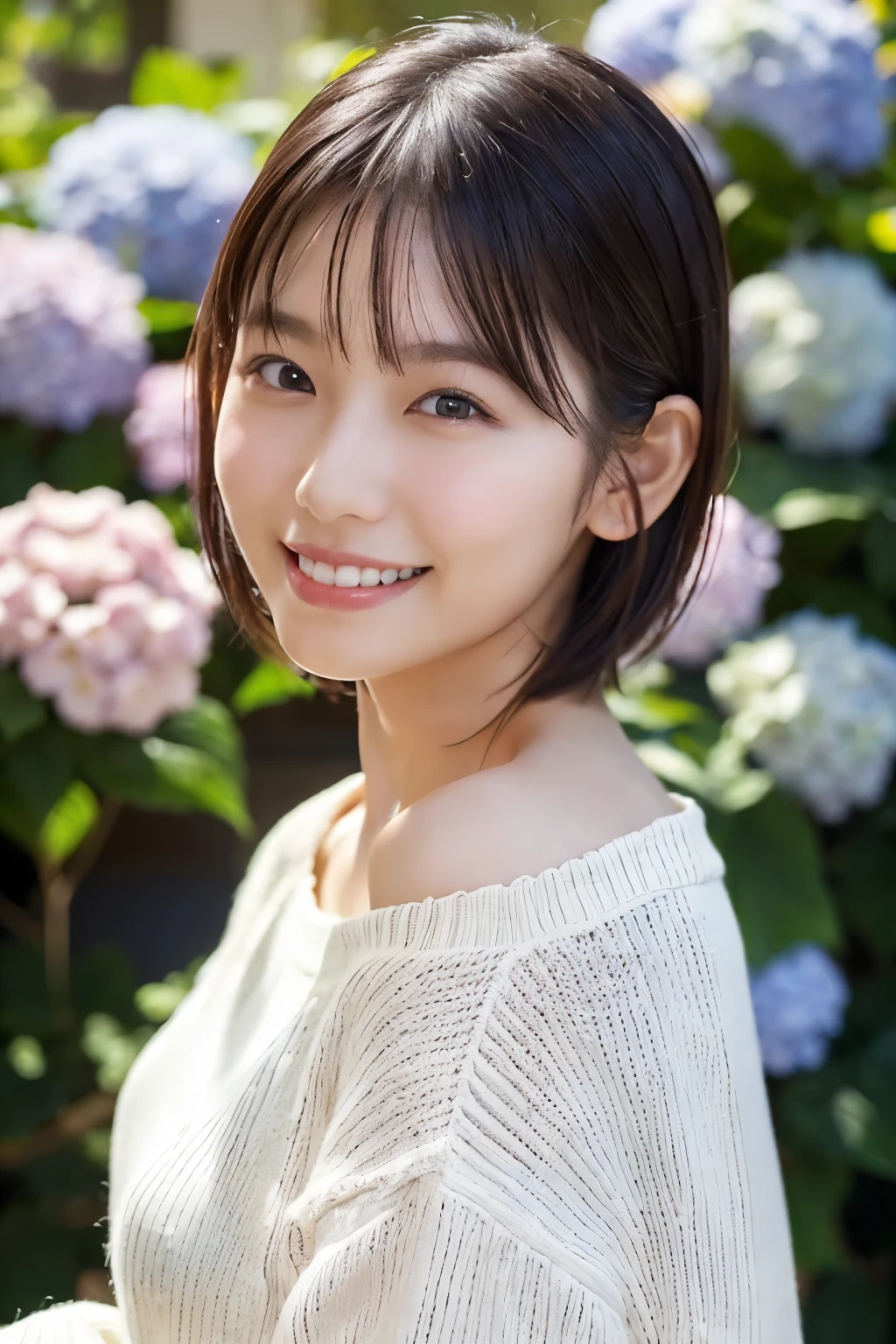 1 Girl, (Wearing a white summer sweater:1.2), Very beautiful Japanese idol portraits, 
(RAW Photos, Highest quality), (Realistic, Realistic:1.4), (masterpiece), 
Very delicate and beautiful, Very detailed, 2k wallpaper, wonderful, finely, Very detailed CG Unity 8K 壁紙, Very detailed, High resolution, Soft Light, 
Beautiful detailed girl, Very detailed目と顔, Beautiful and sophisticated nose, finelyて美しい目, Cinema Lighting, 
(Photo shoot for a fashion magazine:1.3), (Outdoor), (Cloudy), (A girl admiring hydrangea flowers),
(short hair), 
Complete Anatomy, Slender body, Small breasts, smile