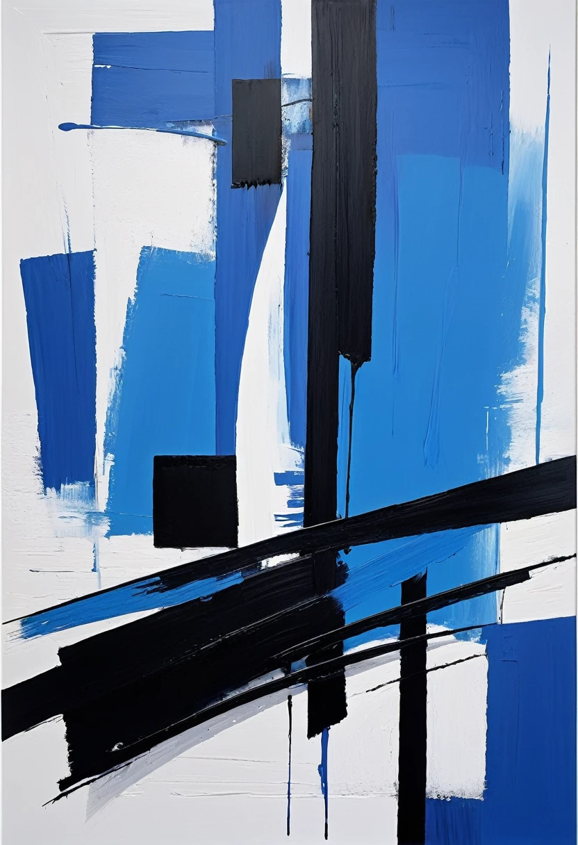 Blue on white background、Black oil painting, 现代Minimalism艺术品,Show love for life,Continuous brush strokes,( ( Brush Strokes ) ), ( ( Abstract ) ), ( Brush Strokes ), Inspired by Hans Hartung, inspired author:Franz Kline, author:Franz Kline, lyrical Abstraction, Abstract realism, an Abstract, Abstract Minimalism, Abstract and / or modernism, Brush Strokes oil painting, Minimalism, Blue and black