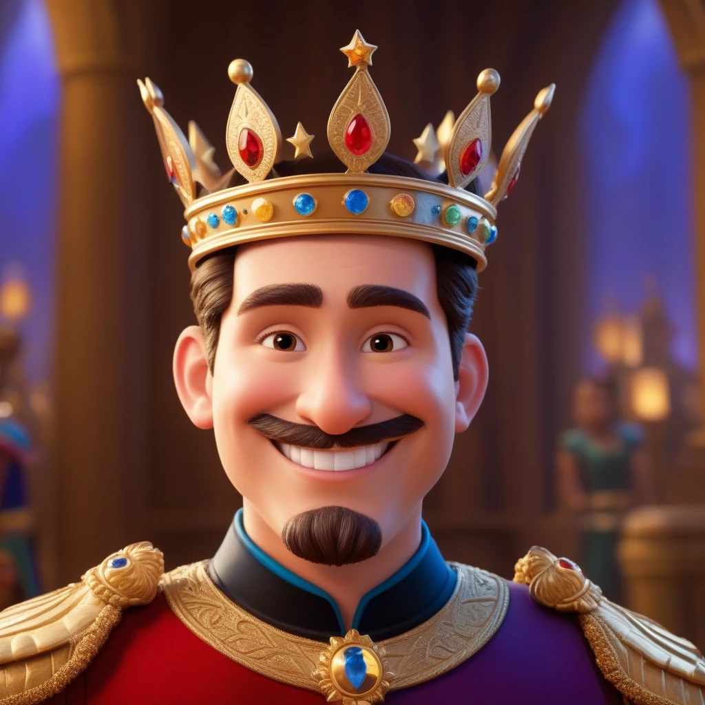 The character is a king, вдохновленный Disney Pixar, He wears a crown, smiling, next to it is an image of the king in profile