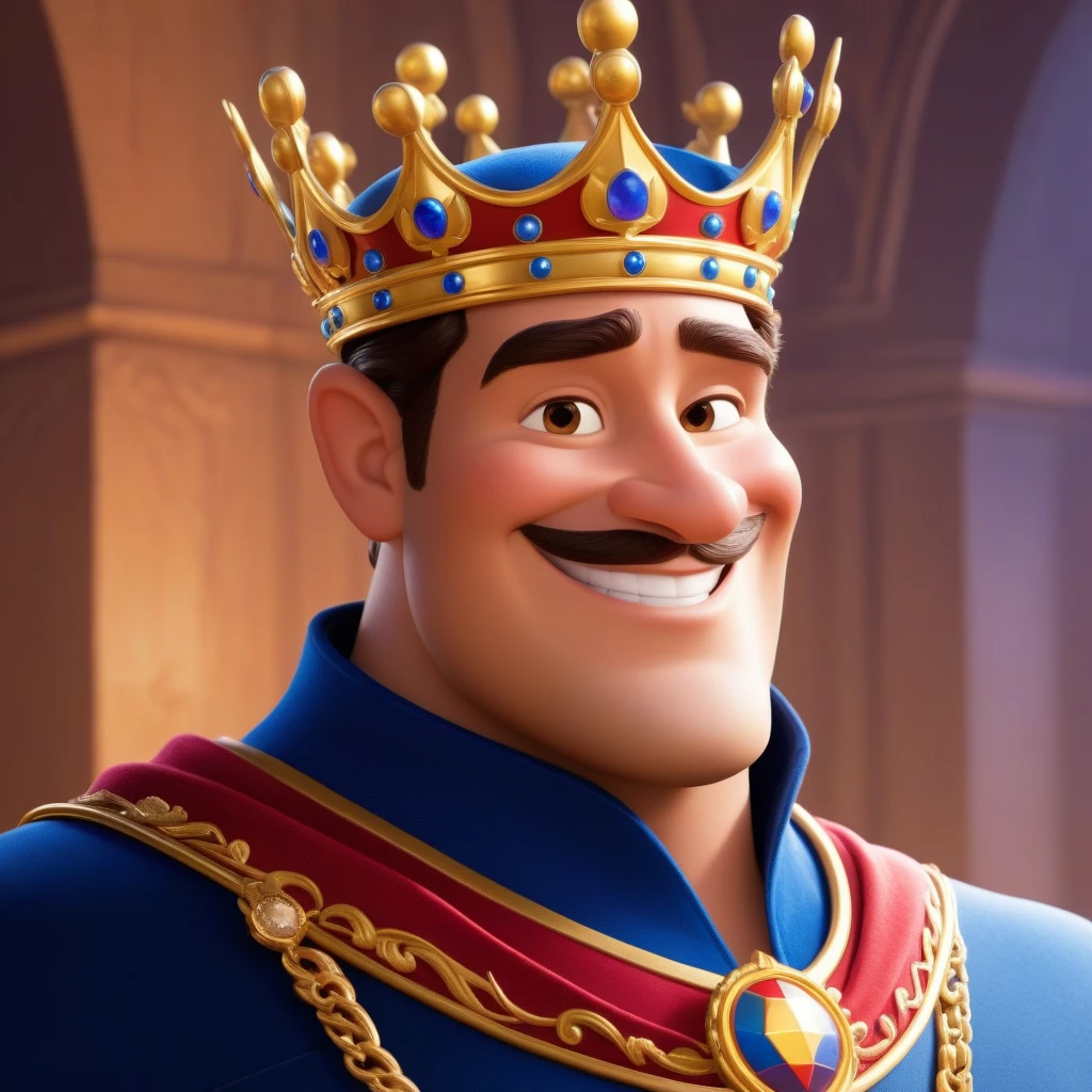 The character is a king, вдохновленный Disney Pixar, He wears a crown, smiling, next to it is an image of the king in profile