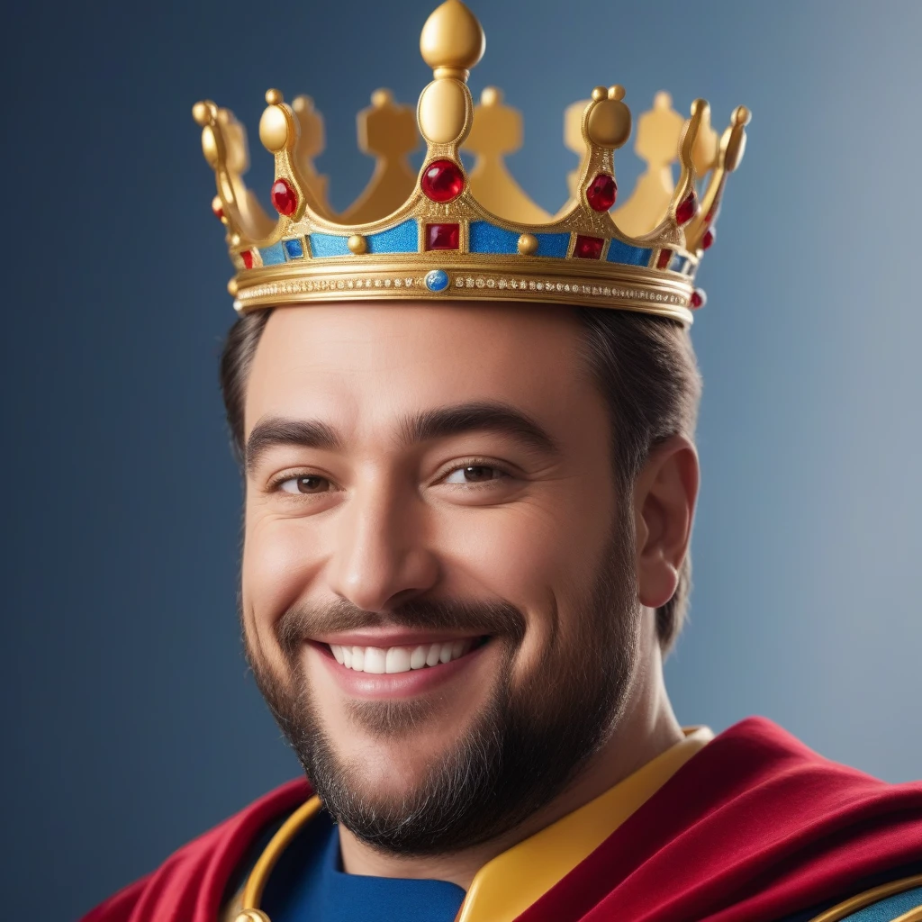The character is a king, вдохновленный Disney Pixar, He wears a crown, smiling, next to it is an image of the king in profile