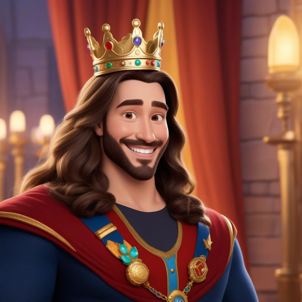 The character is a king, вдохновленный Disney Pixar, He wears a crown, smiling, next to it is an image of the king in profile