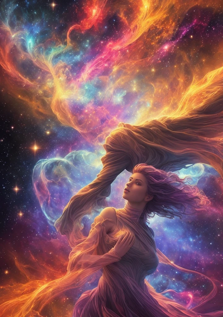 inconceivable and spectacular a scene of emergence of a figure from the glowing cloud, fractal nebula fios, cosmic entities, heavenly, cosmic, vibrant and vivid, swirls, twirling, unrealistic, hight contrast, symbolism, magical, Mystic, mystifier, hyper realist, oversaturate, fullcolor