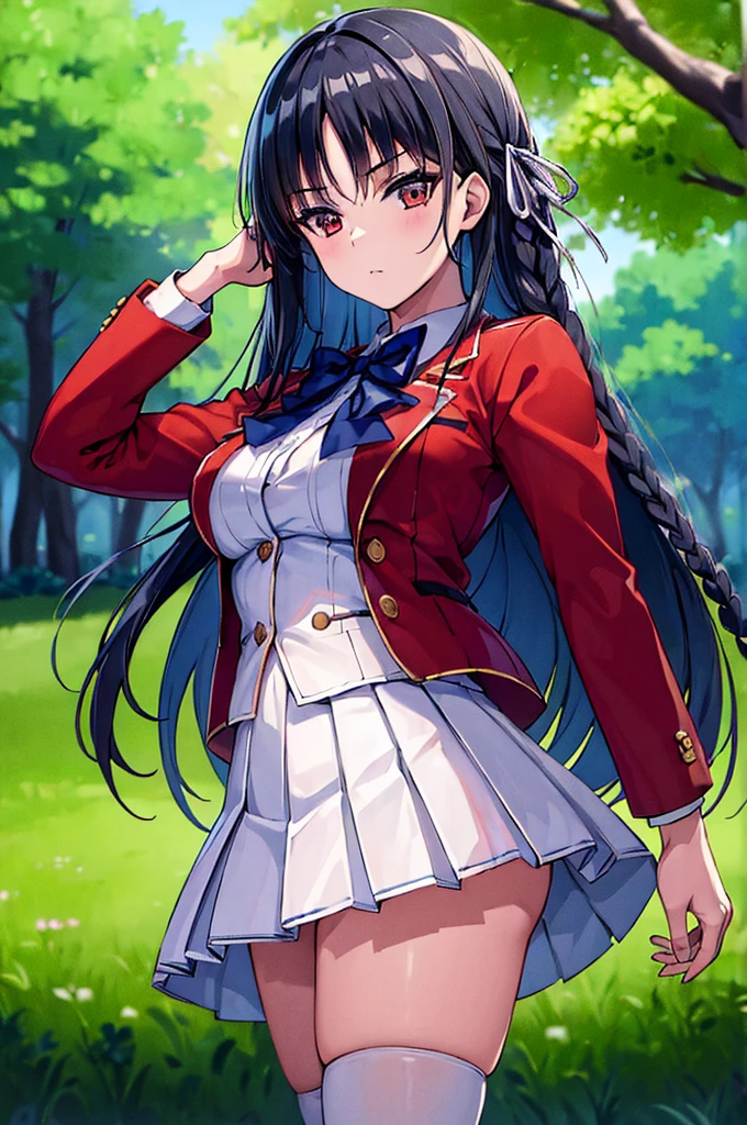 (masterpiece, best quality:1.5), (ultra detailed:1.4), perfect anatomy, 
1girl,
Suzune Horikita, 
Suzune Horikita \(youjitsu\),
long hair, braid, 
black hair, 
red eyes, slant eyes, small eyes, 
blue bow, 
medium breasts, 
, red jacket, long sleeves, white skirt, pleated skirt, black thigh-high socks, 
looking at viewer, 
cowboy shot, 
perfect light, 