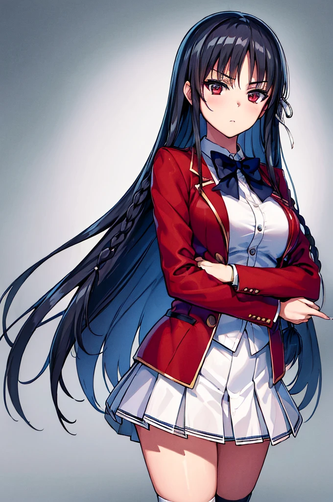 (masterpiece, best quality:1.5), (ultra detailed:1.4), perfect anatomy, 
1girl,
Suzune Horikita, 
Suzune Horikita \(youjitsu\),
long hair, braid, 
black hair, 
red eyes, slant eyes, small eyes, 
blue bow, 
medium breasts, 
, red jacket, long sleeves, white skirt, pleated skirt, black thigh-high socks, 
looking at viewer, 
cowboy shot, 
perfect light, 