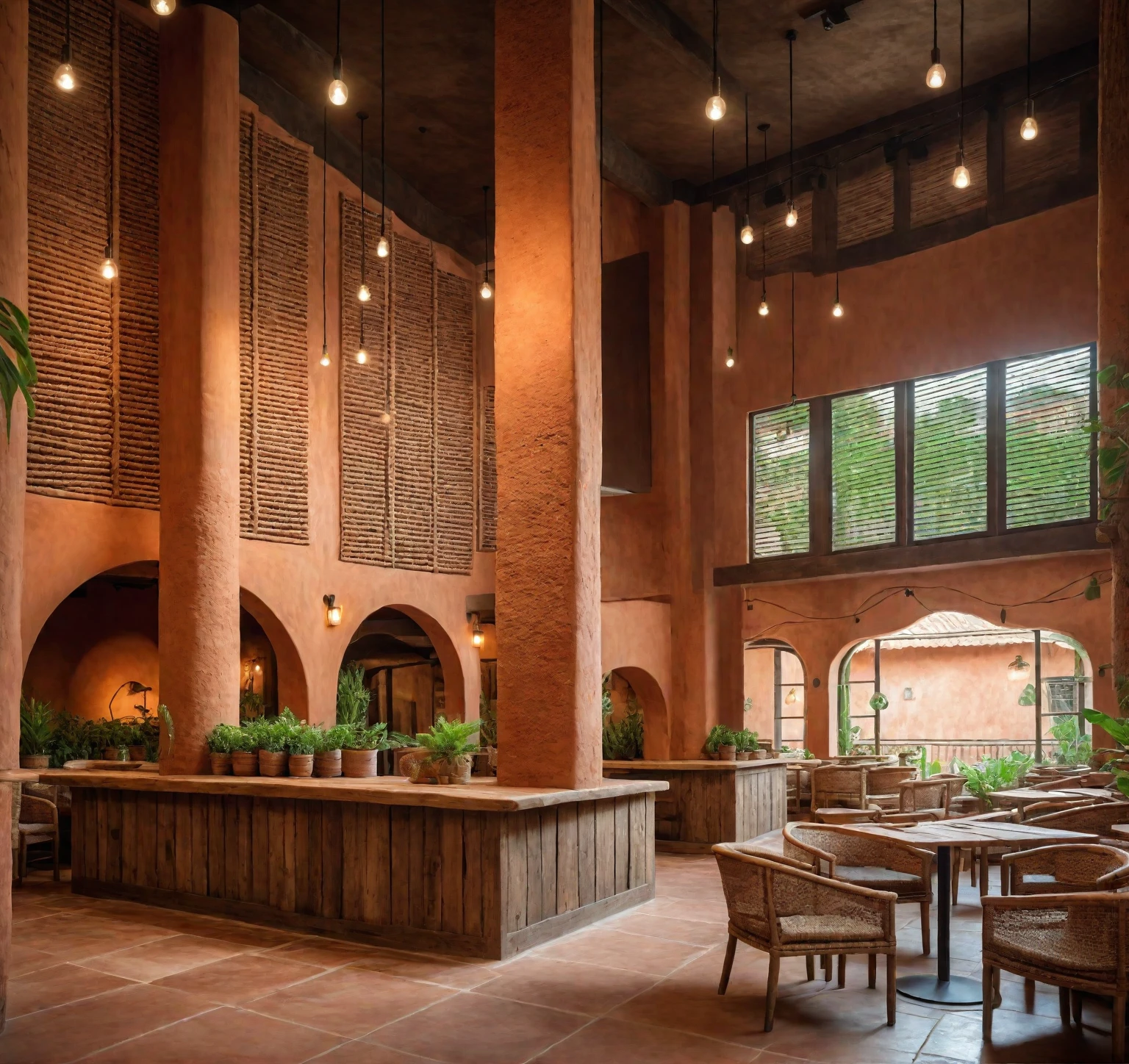Restaurant interior, clay walls, natural clay columns, rustic wooden tables, rustic chairs, handcrafted look, natural textures, soft lighting, clay pendant lights, potted plants, greenery, cozy, welcoming, masterpiece, (realistic:1.2) 8k uhd, dslr, soft lighting, high quality