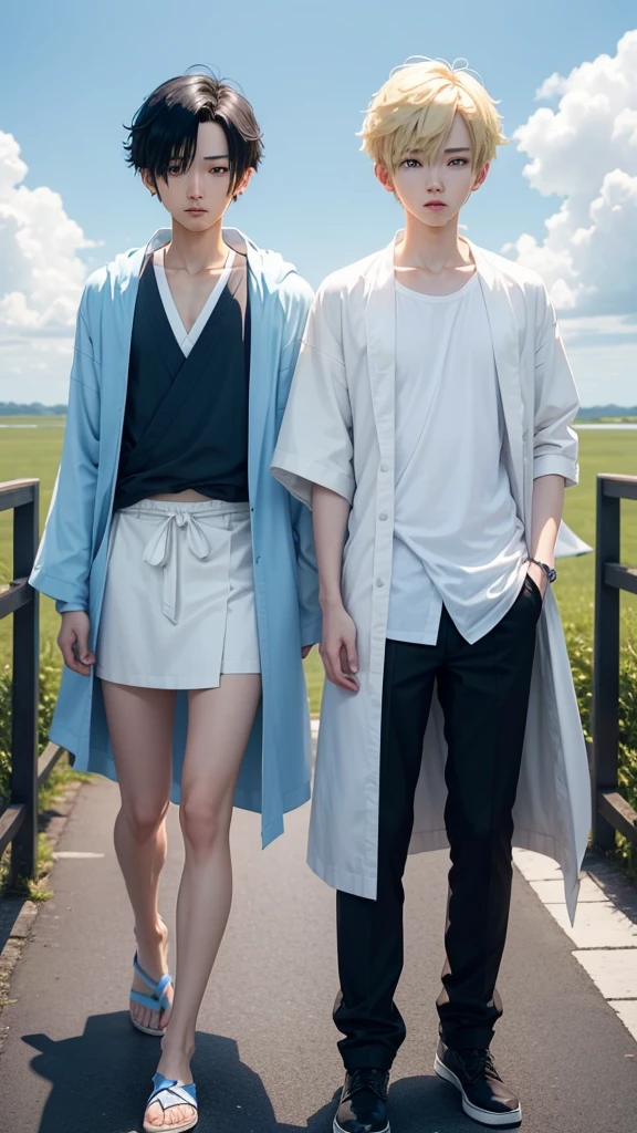 Young Ren and young Minato、Scene of standing on white clouds in a blue sky。Behind them is blue々The clear sky background spreads out.。Len has short black hair and green eyes.、Wearing casual adventure clothing。Minato has short blonde hair and blue eyes.、Wearing a white robe。