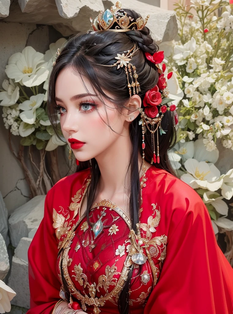 Royal princess,Super detailed, Delicate face, Stock Photography , Portrait 400, F1 Camera Lens.6, Colorful, Surrealism, Realistic textures, Dramatic Lighting, Thin Film Distiller 800 (8K, original photo, Better quality, masterpiece: 1.2), Super detailed, (Extremely delicate skin: 1.2), 8K 超高清, SLR camera, Soft Light, high quality.Fire Queen,Blue pupils,Apply red lipstick,Have a tattoo,The tattoo is very three-dimensional,Gorgeous and intricate tattoo designs,8K Mugshot,Large Breasts,Dark eyeshadow,Sexy thick lips(Red lipstick),Ice Princess,The facial features are very three-dimensional,Gorgeous and exquisite crystal diamond lace wedding dress