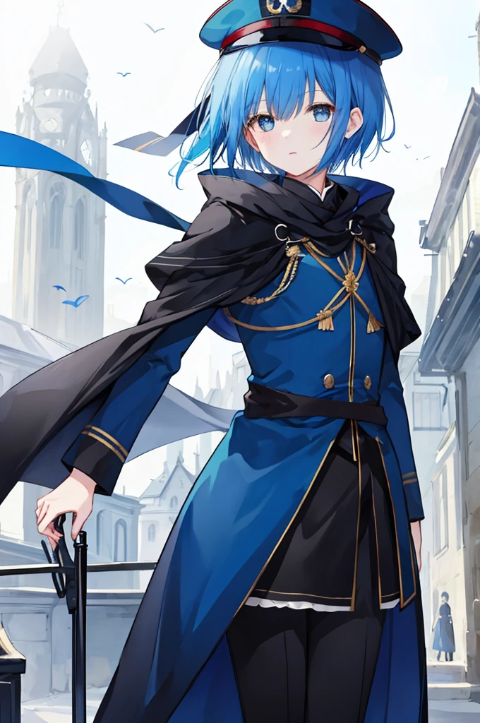 Girl、Blue hair short、Black cloak、German Officer Uniform