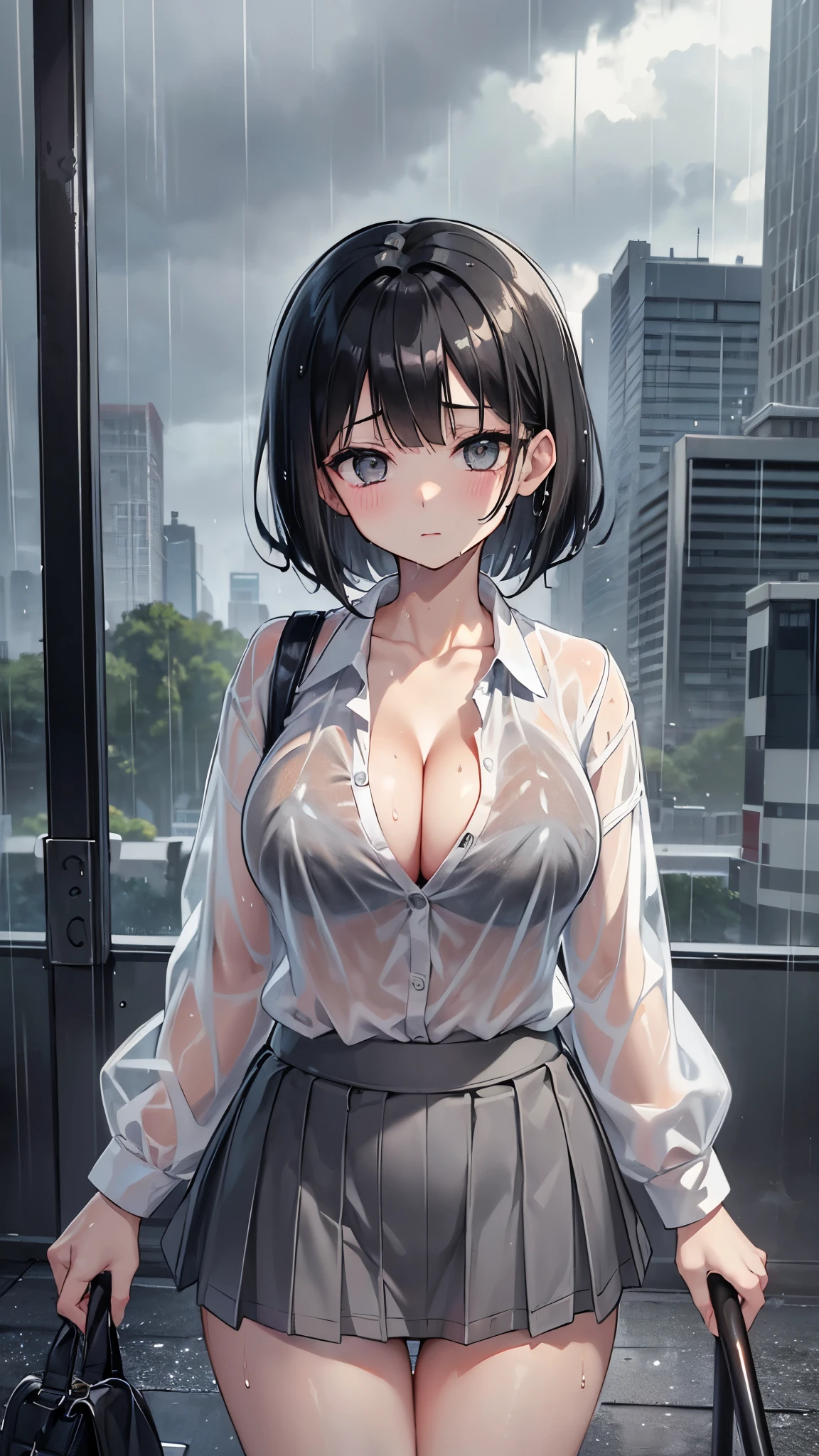 ((rain、Cloudy、Cloudy))、((Wet short black hair))、(((A wet shirt sticks to your body)))、Big Tits、Cleavage、((Grey checked mini skirt))、Healthy thighs、In town