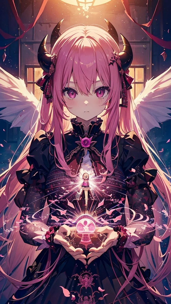 Devil horns, Devil Cosplay,Pink Hair, (masterpiece、Highest quality、Highest quality、Official Art、Beautiful and aesthetic:1.2)、(One Girl:1.3)、(Fractal Art:1.3)、ta、So cute