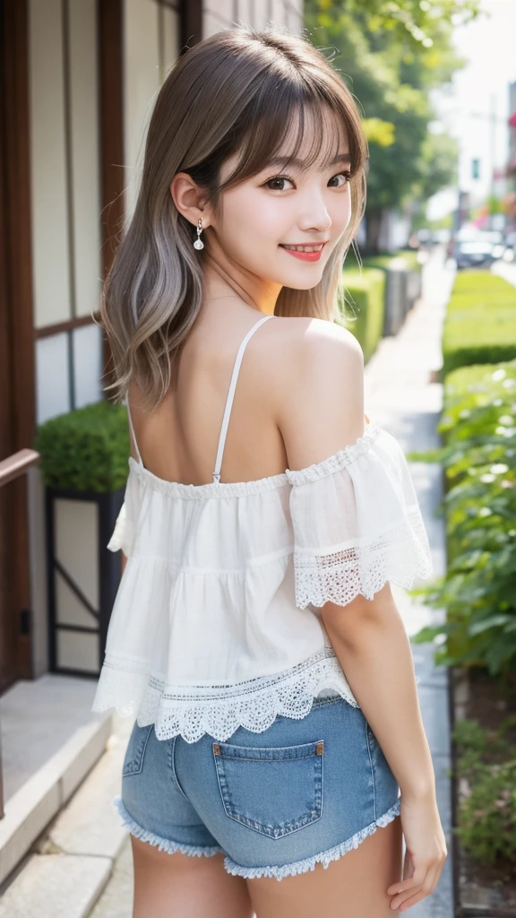 (8K, Realistic, RAW Photos, Highest quality: 1.4, detailed),Japanese idol-style beautiful girl,1 person,18-year-old,(Short Bob),(Silver Hair :1.1),She has her hair tucked behind her ears,Large, clear grey eyes,Long eyelashes,(piercings(small)),(Lip gloss),lips(Plump,glossy),thin long neck,Thin and delicate shoulders,Frill lace camisole,Denim shorts,Looking at the camera and smiling gently,Front view,Full body portrait