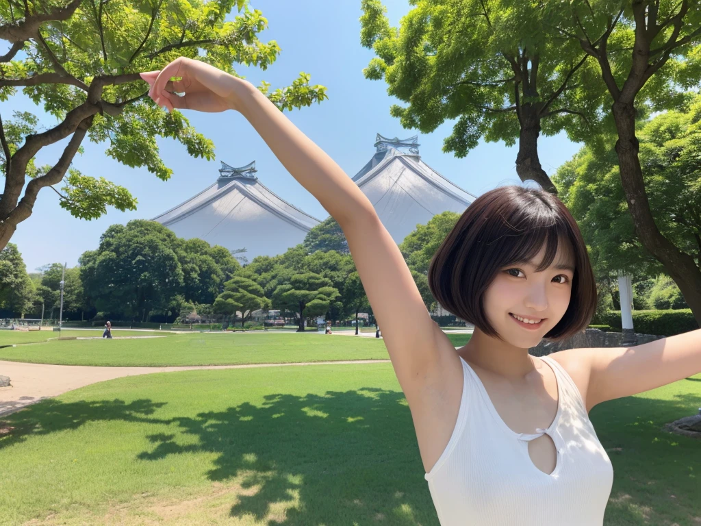 (best quality:1.2), masterpiece, Realistic, Ultra-high resolution, (((1 Japanese woman:1.2))), 17 years old, Bobcut, ((wearing ワンピース:1.2)), arms up, smile, Park during the day