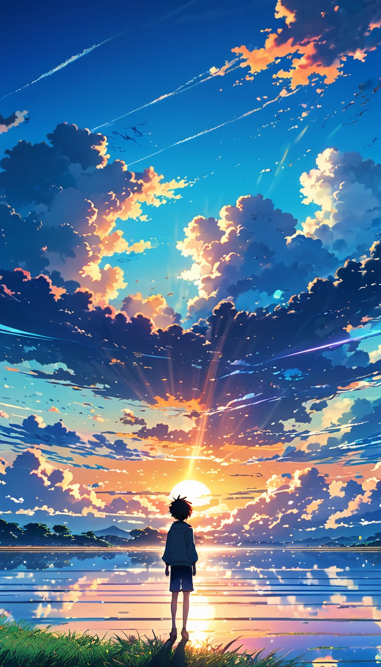 Anime landscape of The image shows a boy falling from the sky in the distance in the air, sunset, seen from afar, a beautiful colorful anime scene, seen from afar, a beautiful anime scene of peace, Makoto Shinkai Cyril Rolando, beautiful anime scene , amazing wallpaper, anime art wallpaper 8k, anime background, artistic anime background, anime wallpaper 4k, anime art wallpaper 4k, anime art 4k wallpaper,