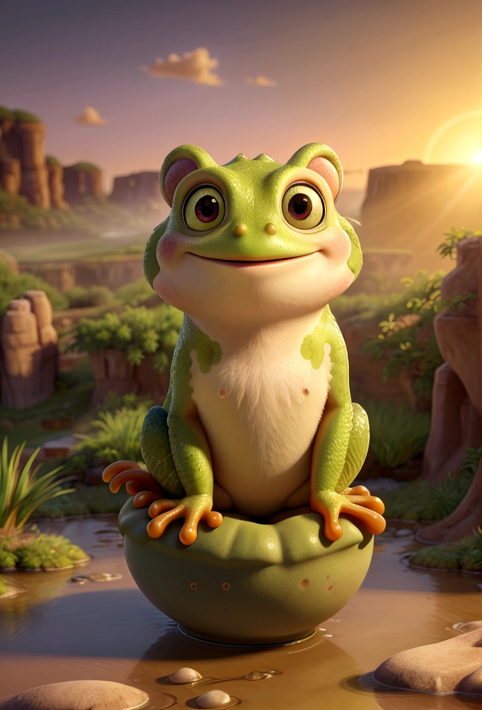 (best quality, 4K, 8K, high resolution, art: 1.2), ultra-detailed, (realistic, photorealistic, photorealistic: 1.37), sunrise, a frog in a waterfall, overlooking vast grasslands, dawn light making long shadows, reflective eyes, soft sunlight, cinematic, illustration, high definition, realistic skin texture, majestic, serene, ethereal, surreal, rich colors, warm tones, soft lighting