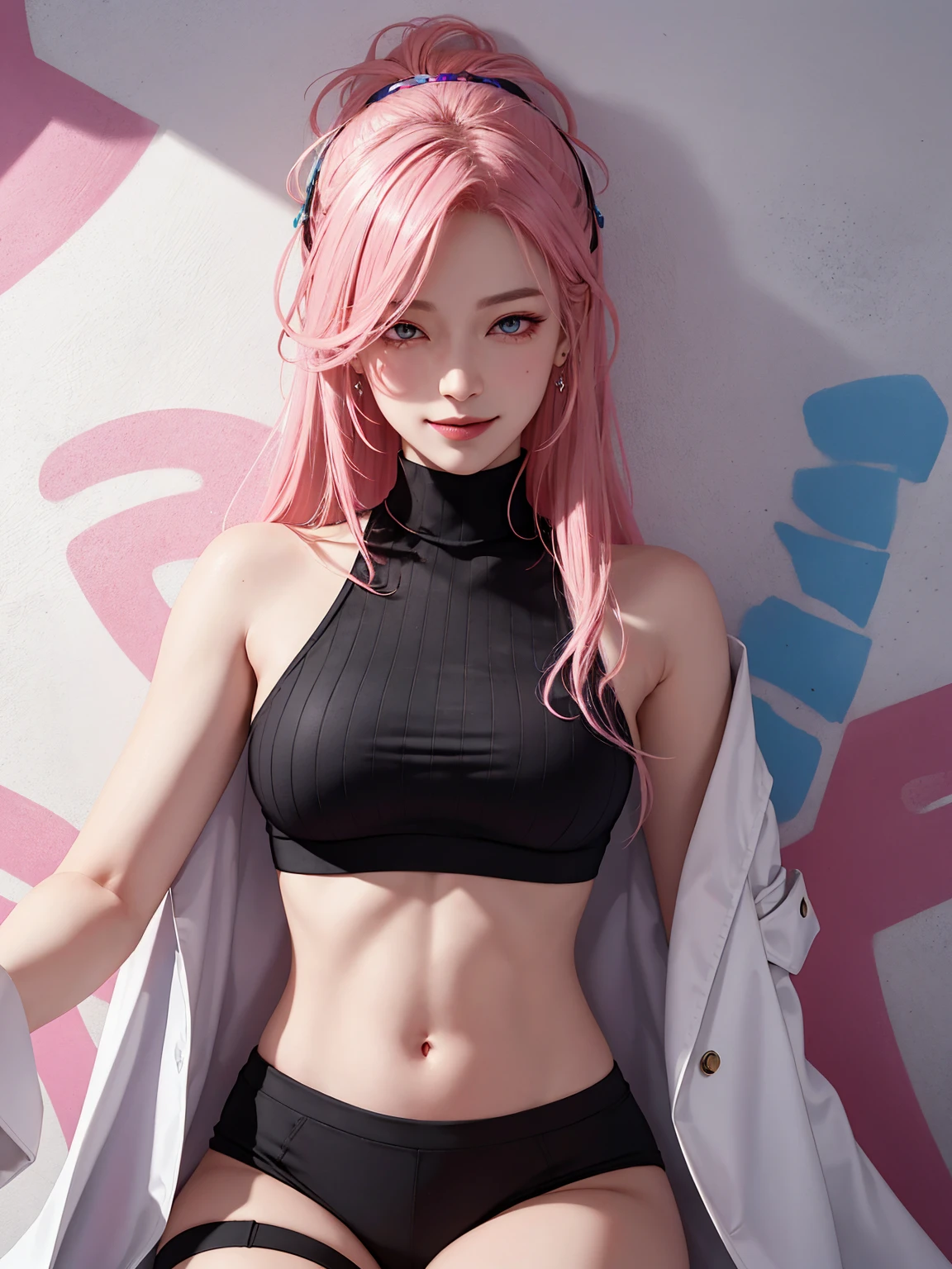 (Masterpiece, best quality, 1 girl, alone, complicated details, Chromatic aberration), realistic, ((Moderate breath)),long hair, pink hair, Red headpiece, Pink Highlights, hair on one eye,purple eyes, earring, sharp eyes, choker, Neon coat, She wears a collar, bangle, and kimono style garters., crop top, (symmetrical eyes),(Perfect symmetrical body),against the wall, Brick wall, (colorful graffiti words on the wall:1.2), The light is dim., alley ,Look at the viewer.、Dig the chest、smile、(sleeveless、Navel touch、Fitted turtleneck.)、street string hot pants、Thin bottom、Please build above the eaves..、Thin shoulders、in underwear、in sportbar、