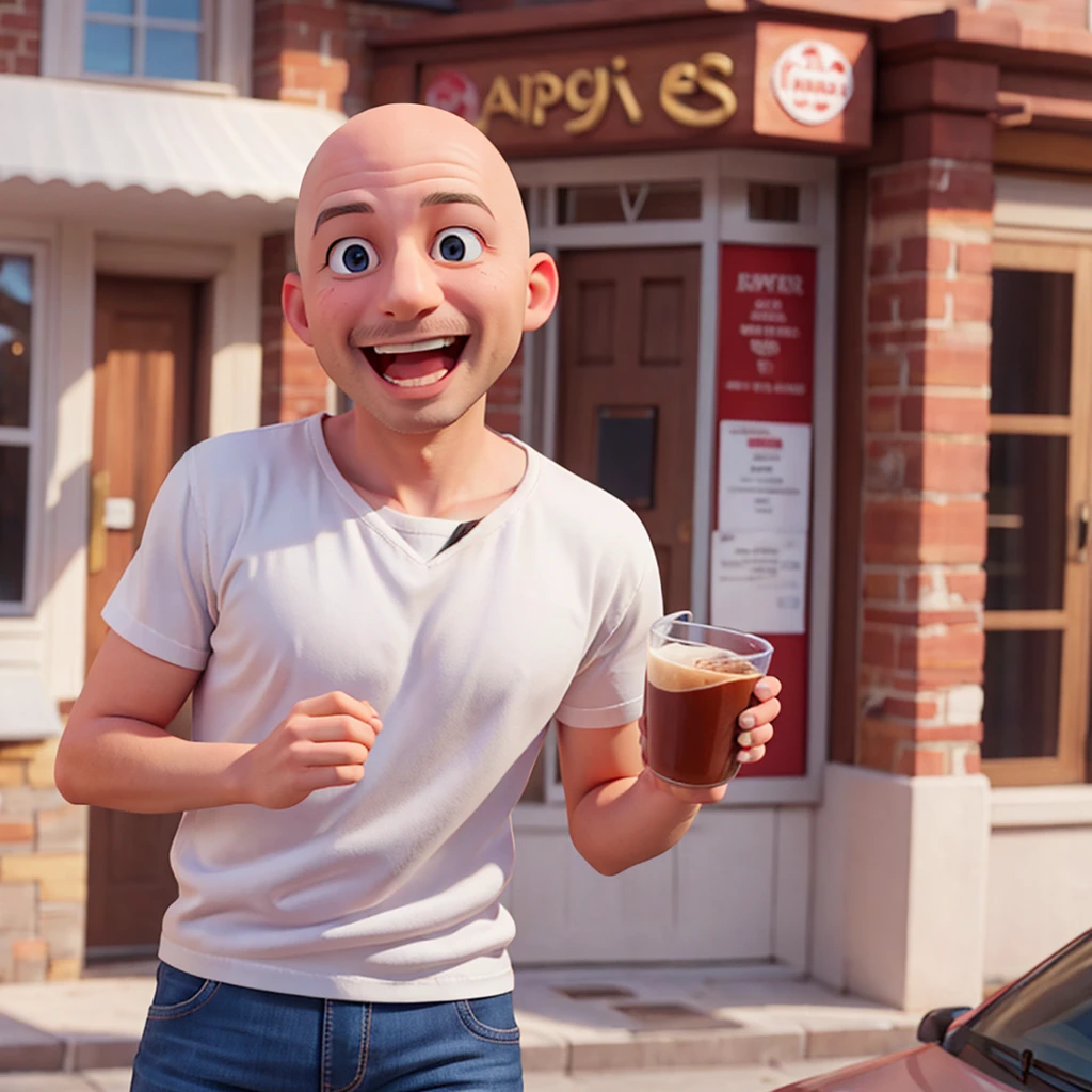 Super happy bald man in casual clothes giving like