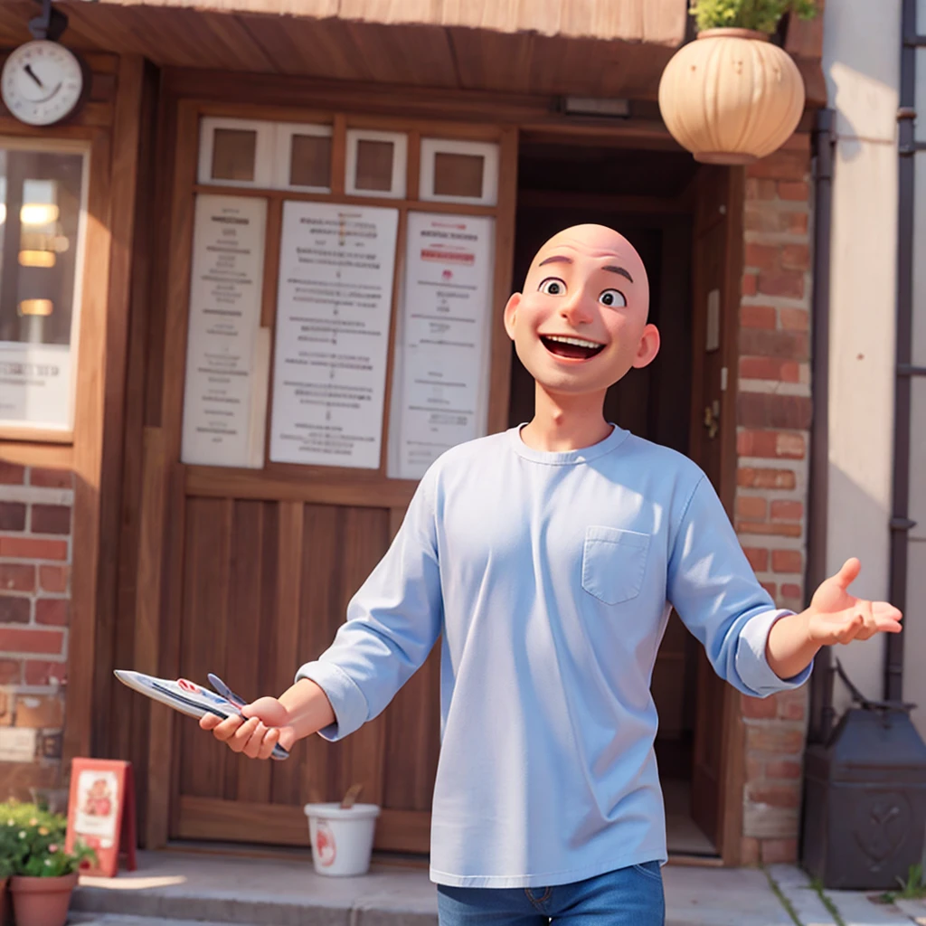 Super happy bald man in casual clothes giving like