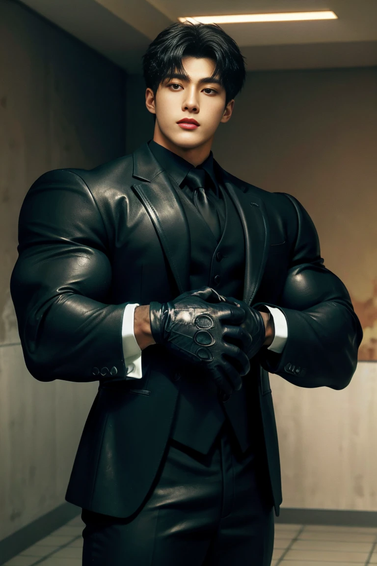 1 handsome young muscular man, (brutalmass:1.55), (kpop: 1.33), model, (detailed perfect face, black eyes: 1.2345), standing indoors, (extremely wide and broad shoulders, super muscular, giant muscles, defined abs: 1.331), (black suit, black leather gloves: 1.555), realistic skin, (ultra realistic, detailed, high quality, 8k image quality, finely detailed, masterpiece, best quality: 1.2), facing camera, looking at camera