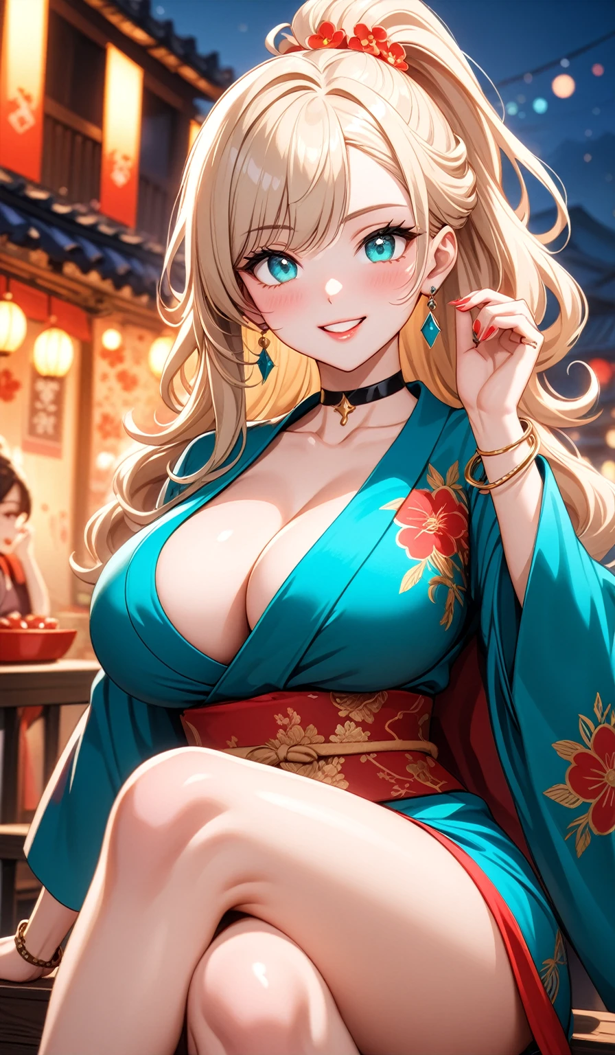((One personの女性)), Beautiful Face,(Laughing embarrassedly), (naughty face:1.2), (Wink:1.9), Laughing with your mouth open, upper teeth, ((Bright red cheeks:1.4)),Glossy pink lips, ((crossed legs:1.4)), (panty shot), Touching hair with hands,looking at viewer,Shining Face, rooftop, Festival decorations, firework, ((Anime style background)),masterpiece, Highest quality, so beautiful,up to date, Complex details, (Pink long nails),(ring),(bracelet),(choker),AI-generated, Complex,High resolution, Highest quality, super high quality,3D Images、3D Images,One person,Long blonde hair,ponytail, wavy hair ,Anime woman posing for a photo, ((Fine grain、Turquoise Eyes、Shining Eyes:1.3)), (Squint your eyes:1.1),a hyperRealistic , hyperRealistic , Realistic,Anime woman with long white hair, Smooth anime CG art, A woman in a colorful kimono with gold embroidery, (Pink long sleeve kimono),Red floral pattern,Long flower hair ornament,Earrings,Mature Body,(Big Breasts:1.1),Tall,Abdominal muscles,Tight waist,(Zoom up to face:1.2), (front side),
