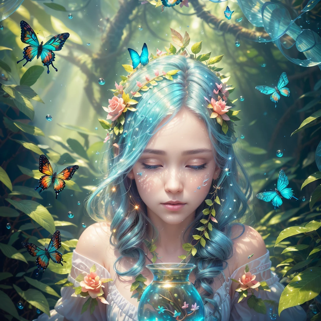 Fantasy in a glass, "ethereal roses, cute animals, glowing little mushrooms surrounded by delicate leaves and branches, and fireflies and glowing particle effects", (natural elements), (jungle theme), (leaves), (branches), (fireflies), butterflies, (delicate leaves), (glow), (particle effects), super realistic, super detailed, dramatic lightning, 4k, masterpiece, light crystal blue, high quality, highly detailed, 8K Ultra HD, butterfly made of water spray, In this enchanting artwork, the very essence of water transforms into ethereal butterflies, each droplet gracefully adorning the wings of a butterfly in flight, The translucence of the water captures the delicate beauty of the butterfly, as if nature has granted fleeting wings to the liquid essence, The intricate patterns formed by these aquatic butterflies evoke a sense of enchantment, their ephemeral forms suspended in time, The play of light on their wings adds a touch of magic, turning ordinary droplets into a symphony of aquatic butterflies, dancing in the realm where water meets whimsical flight, by yukisakura, awesome full color,