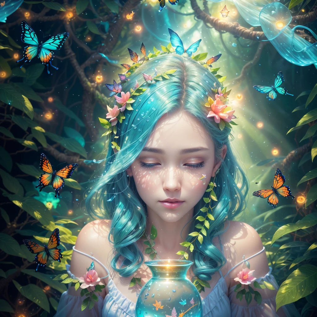 Fantasy in a glass, "ethereal roses, cute animals, glowing little mushrooms surrounded by delicate leaves and branches, and fireflies and glowing particle effects", (natural elements), (jungle theme), (leaves), (branches), (fireflies), butterflies, (delicate leaves), (glow), (particle effects), super realistic, super detailed, dramatic lightning, 4k, masterpiece, light crystal blue, high quality, highly detailed, 8K Ultra HD, butterfly made of water spray, In this enchanting artwork, the very essence of water transforms into ethereal butterflies, each droplet gracefully adorning the wings of a butterfly in flight, The translucence of the water captures the delicate beauty of the butterfly, as if nature has granted fleeting wings to the liquid essence, The intricate patterns formed by these aquatic butterflies evoke a sense of enchantment, their ephemeral forms suspended in time, The play of light on their wings adds a touch of magic, turning ordinary droplets into a symphony of aquatic butterflies, dancing in the realm where water meets whimsical flight, by yukisakura, awesome full color,