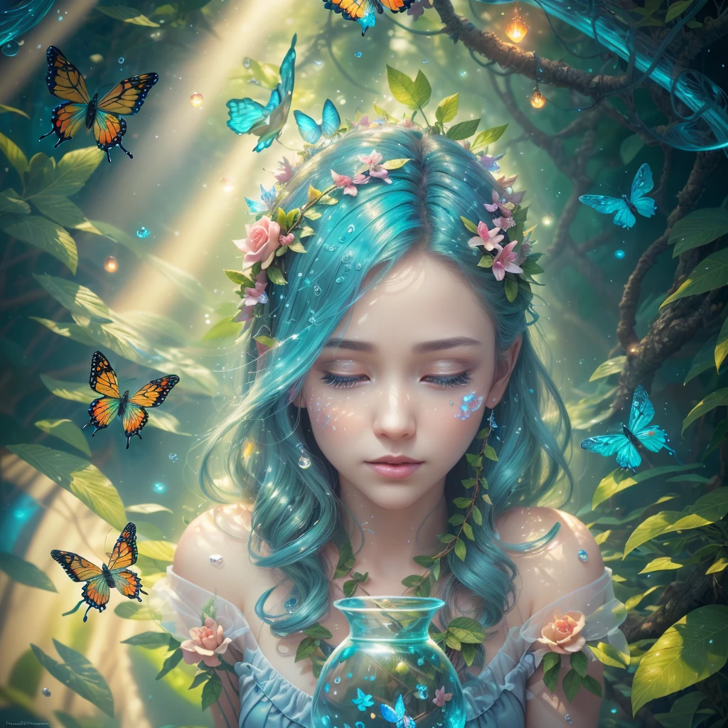 Fantasy in a glass, "ethereal roses, cute animals, glowing little mushrooms surrounded by delicate leaves and branches, and fireflies and glowing particle effects", (natural elements), (jungle theme), (leaves), (branches), (fireflies), butterflies, (delicate leaves), (glow), (particle effects), super realistic, super detailed, dramatic lightning, 4k, masterpiece, light crystal blue, high quality, highly detailed, 8K Ultra HD, butterfly made of water spray, In this enchanting artwork, the very essence of water transforms into ethereal butterflies, each droplet gracefully adorning the wings of a butterfly in flight, The translucence of the water captures the delicate beauty of the butterfly, as if nature has granted fleeting wings to the liquid essence, The intricate patterns formed by these aquatic butterflies evoke a sense of enchantment, their ephemeral forms suspended in time, The play of light on their wings adds a touch of magic, turning ordinary droplets into a symphony of aquatic butterflies, dancing in the realm where water meets whimsical flight, by yukisakura, awesome full color,