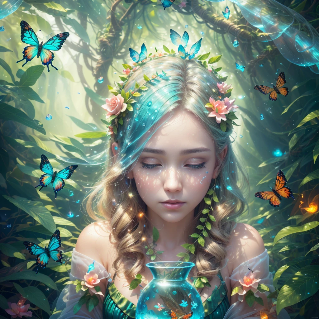 Fantasy in a glass, "ethereal roses, cute animals, glowing little mushrooms surrounded by delicate leaves and branches, and fireflies and glowing particle effects", (natural elements), (jungle theme), (leaves), (branches), (fireflies), butterflies, (delicate leaves), (glow), (particle effects), super realistic, super detailed, dramatic lightning, 4k, masterpiece, light crystal blue, high quality, highly detailed, 8K Ultra HD, butterfly made of water spray, In this enchanting artwork, the very essence of water transforms into ethereal butterflies, each droplet gracefully adorning the wings of a butterfly in flight, The translucence of the water captures the delicate beauty of the butterfly, as if nature has granted fleeting wings to the liquid essence, The intricate patterns formed by these aquatic butterflies evoke a sense of enchantment, their ephemeral forms suspended in time, The play of light on their wings adds a touch of magic, turning ordinary droplets into a symphony of aquatic butterflies, dancing in the realm where water meets whimsical flight, by yukisakura, awesome full color,
