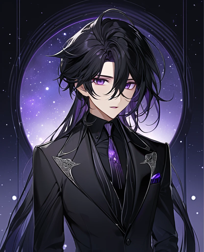 (black_hair), (dark_purple_eyes), (detailed_eyes), (attractive), (emotionless), (Deep_space_background), (male), (wearing _a_black_suit), (long_male_hair), (detailed_Hair), (detailed), (detailed_mouth), (mysterious), (complicated)