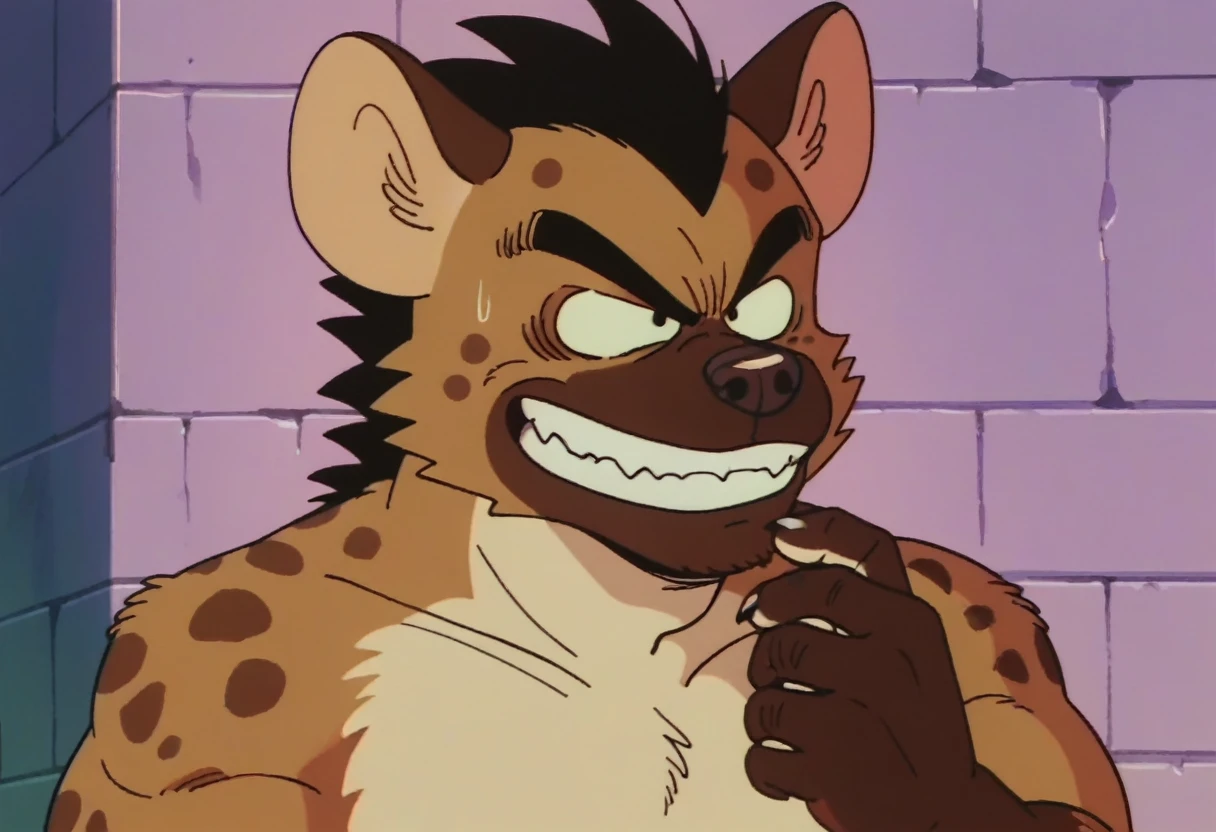 anime screencap,drgbls1, solo, anthro hyena,male,thug, score_9, score_8_up, score_7_up, score_6_up, alley, evil grin,  upper body