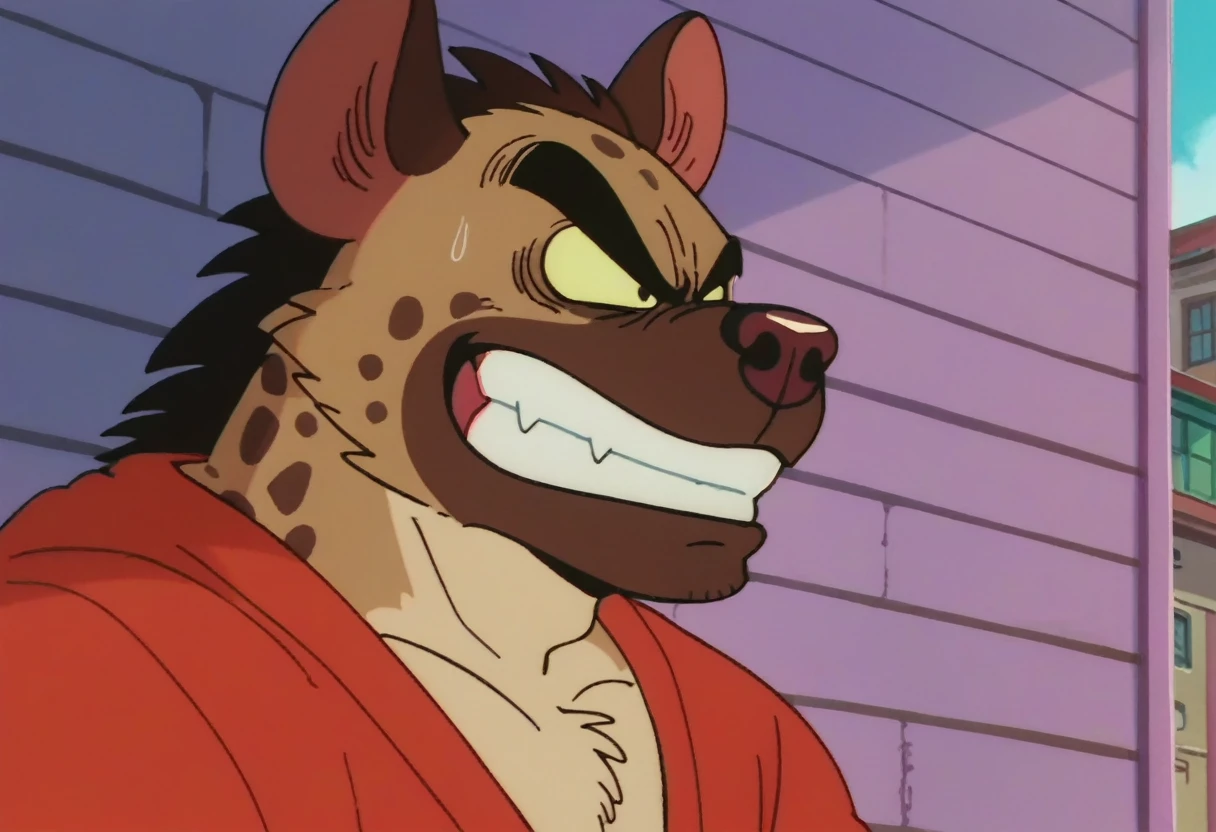 anime screencap,drgbls1, solo, anthro hyena,male,thug, score_9, score_8_up, score_7_up, score_6_up, alley, evil grin,  upper body