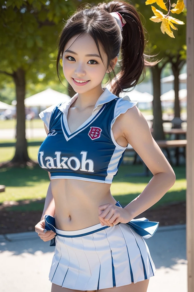 Pure Japanese cheerleading girl, secret temptation, sexual attraction, natural body, shiny white skin, wearing cheerleader uniforms, natural ponytail, no makeup, impressive big brown eyes, pure smile, professional portrait photography, dazzling summer sunlight, 