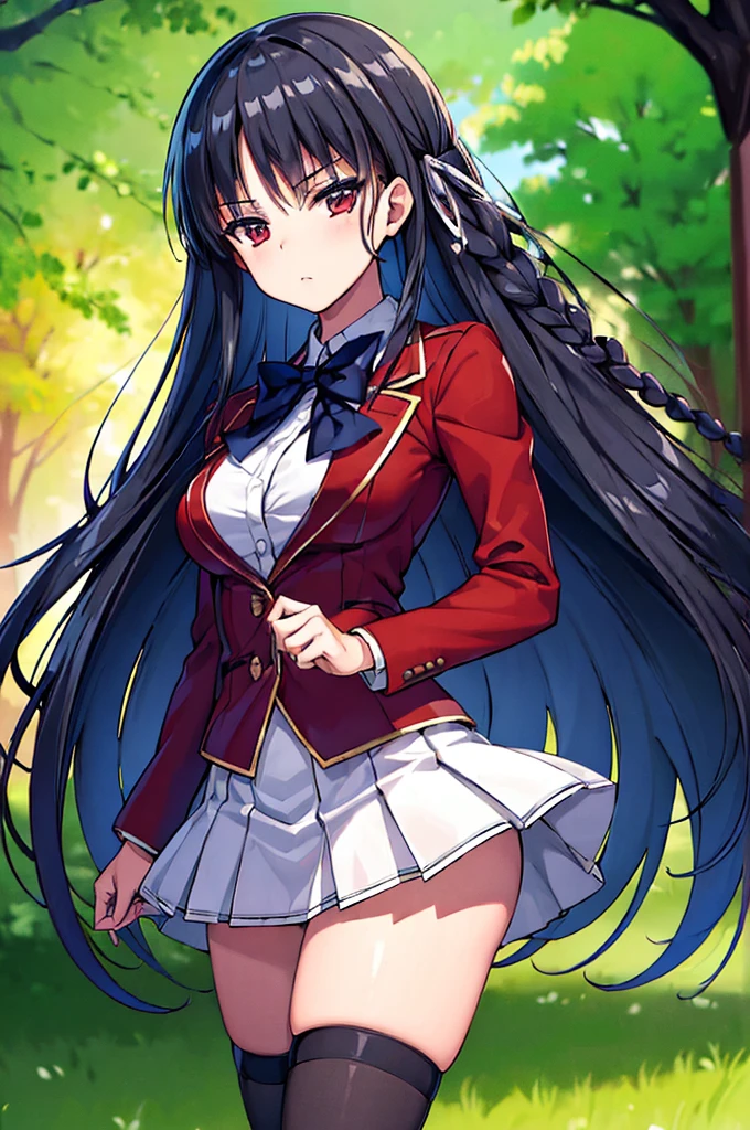 (masterpiece, best quality:1.5), (ultra detailed:1.4), perfect anatomy, unity 8k wallpaper, 
1girl,
Suzune Horikita, 
Suzune Horikita \(youjitsu\),
long hair, braid, 
black hair, 
red eyes, slant eyes, small eyes, 
blue bow, 
medium breasts, 
, red jacket, long sleeves, white skirt, pleated skirt, black thigh-high socks, 
looking at viewer, 
cowboy shot, 
perfect light, 