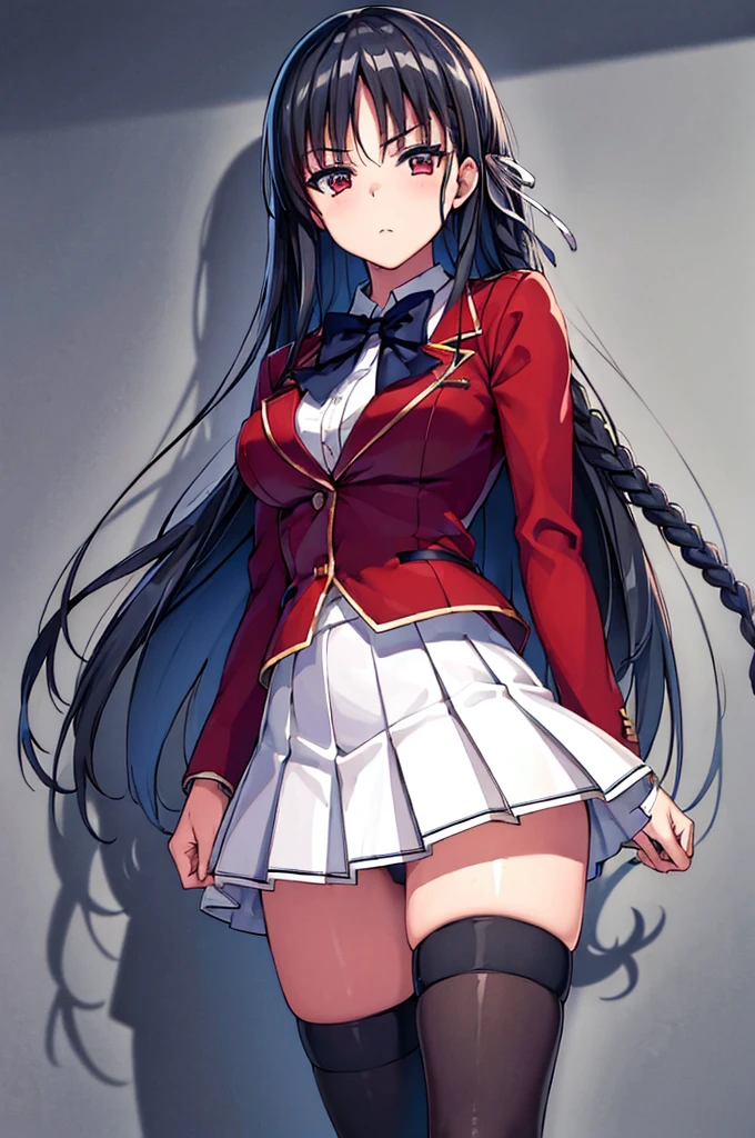 (masterpiece, best quality:1.5), (ultra detailed:1.4), perfect anatomy, unity 8k wallpaper, 
1girl,
Suzune Horikita, 
Suzune Horikita \(youjitsu\),
long hair, braid, 
black hair, 
red eyes, slant eyes, small eyes, 
blue bow, 
medium breasts, 
, red jacket, long sleeves, white skirt, pleated skirt, black thigh-high socks, 
looking at viewer, 
cowboy shot, 
perfect light, 