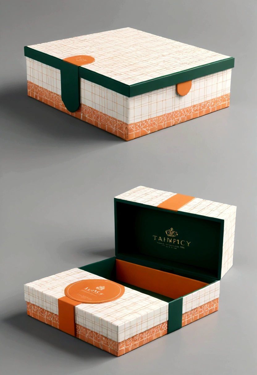 (Hand-held gift box design:1.37),British style plaid,line,Simplicity,modern,upscale,cute,Color blocking,Flowers,(Taiping Life Insurance Logo),Orange,Light green,illustration,Animation,in style of geometric,beautiful detailed,in style of flat color vector design,