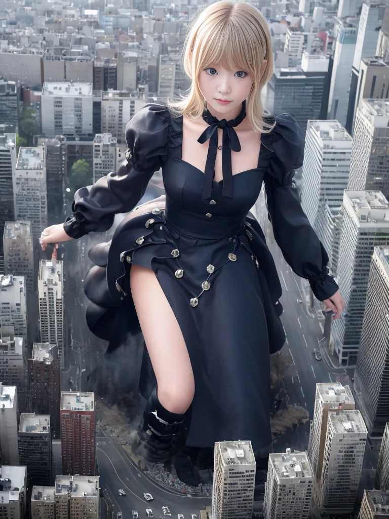 （Giantess Elements、High resolution、High resolution、high quality、Accurate body structure、Detailed body） Towering giant blondes girl，50,000 feet high、Looking up at the approaching woman from below、Giants attack the city、cute、blondes、Destroy a small townWomen、Destroy a small town、Mischievous look、(Maid outfit)Japanese、White skin、Giant blondes female、smile、Trampling buildings、rubble、Burning Small Town、Destroyed small building、Collapsed highway、Cars are crushed、Evacuating residents、sunset、Burning Small Town、go ahead、walk、Trampling、Anatomically correct、Accurate human body、Accurate skeleton、Full body portrait、blue eyes、Rubble scattered at my feet、Higher than skyscrapers、Big impact、amazing、Giantess Elements、Draw a woman in a big way、Increase the destructive element、Make the city smaller、BLACK boots