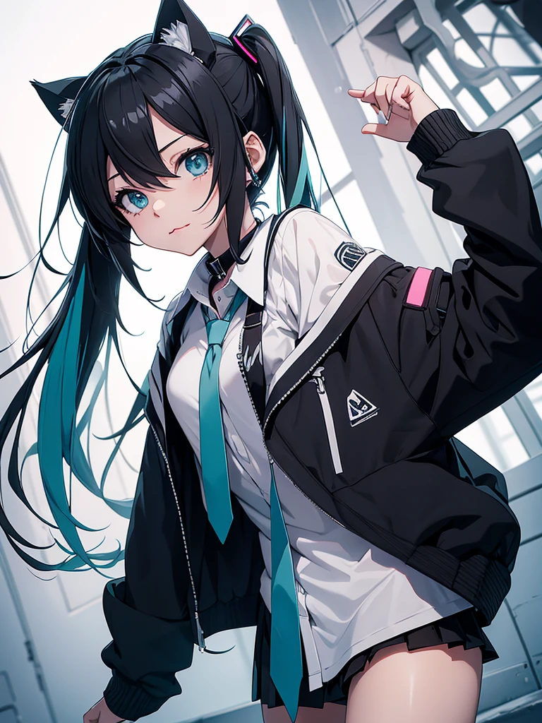 hatsune miku, emo, goth, black hair, school wear, showing the tongue, cat ears, wearing a collar